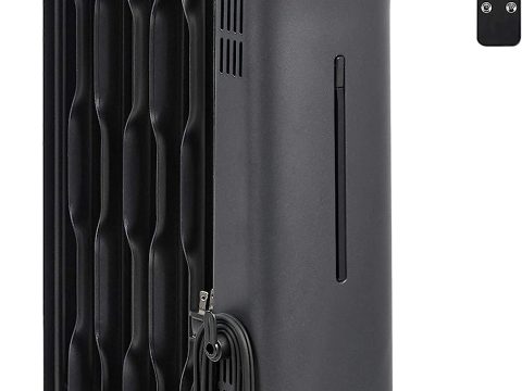 Amazon Basics Portable Radiator Heater with Remote Control, Black, 1500W, 9.8 x 26.5 x 13.1 in