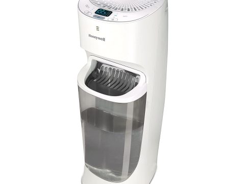 Honeywell Tower Humidifier: Top Fill, Digital Humidistat, Black – Space-Saving Design.