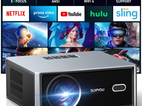 SOPYOU 1080P WiFi Bluetooth Projector, 450" Outdoor Movie Display
